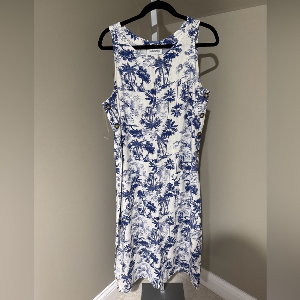 Peck & Peck Blue White Palm Tree Linen Blend Button Front Maxi Dress Medium F1
